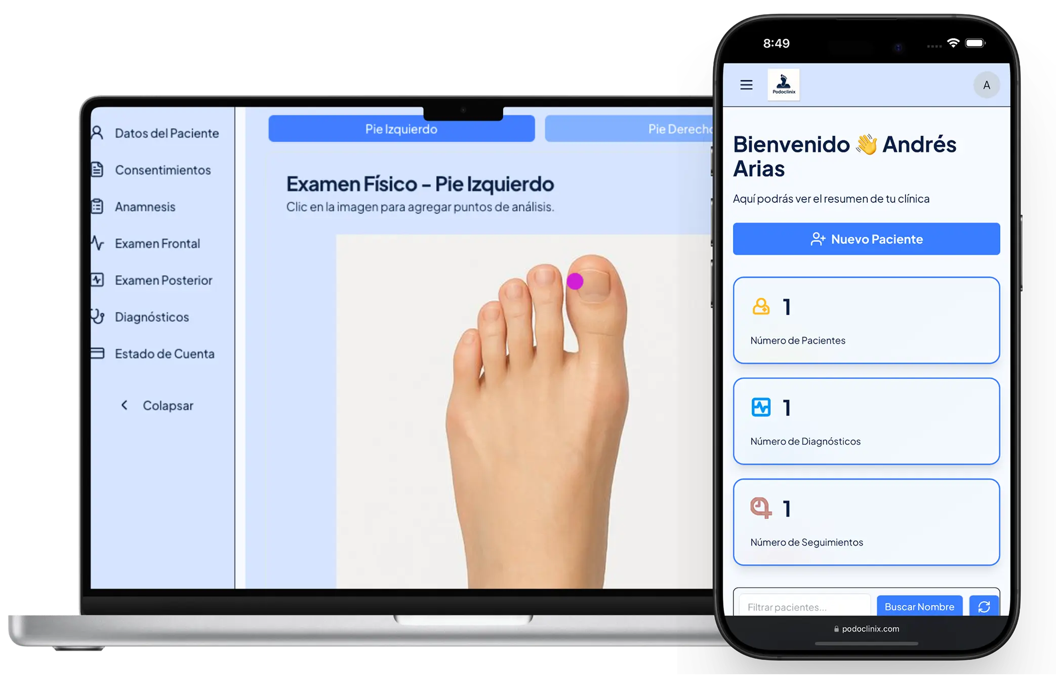 Interfaz de PodoClinix en ordenador y móvil